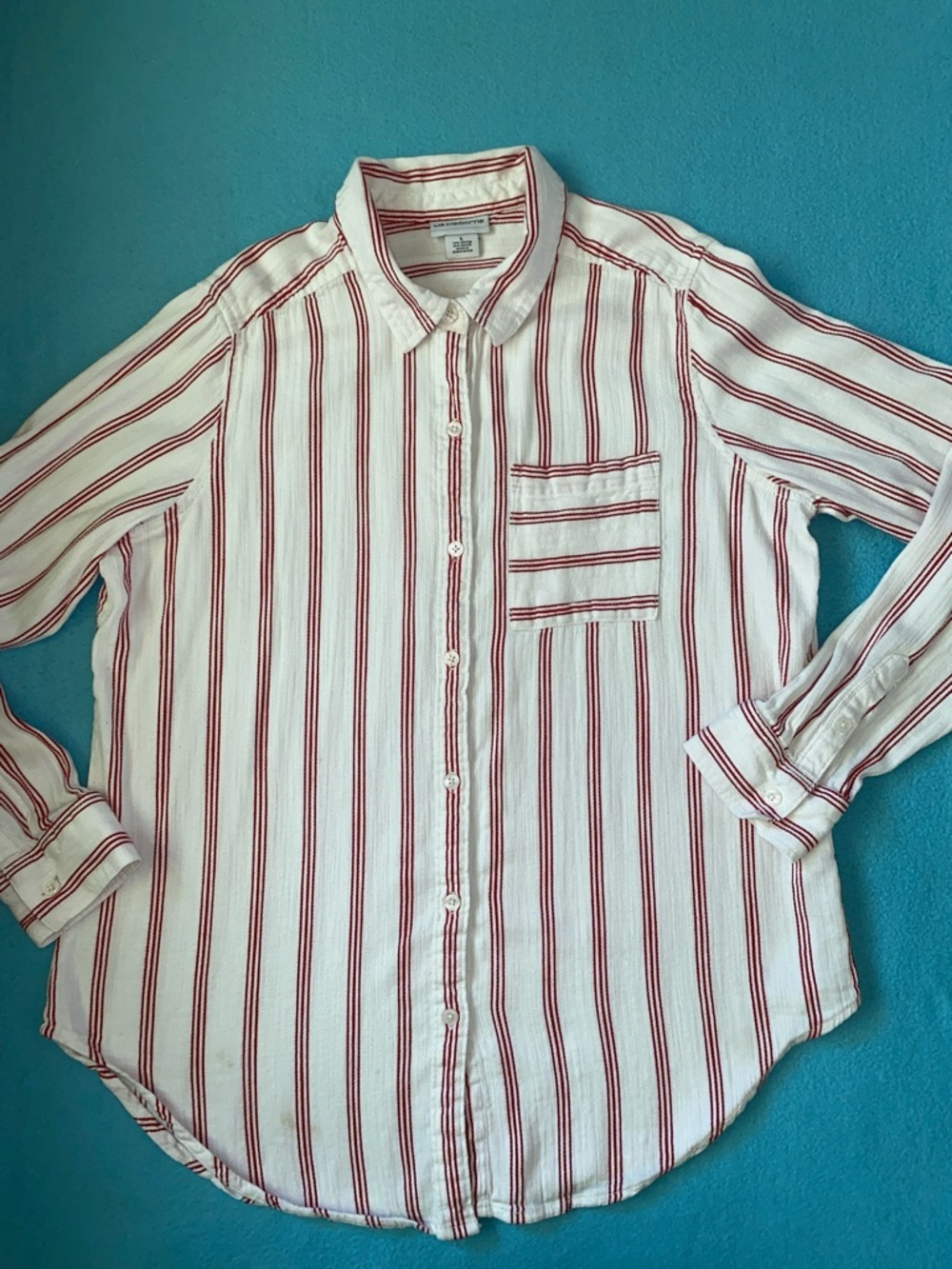LIZ CLAIBORNE button up long sleeve collared striped cotton pocket top size L
